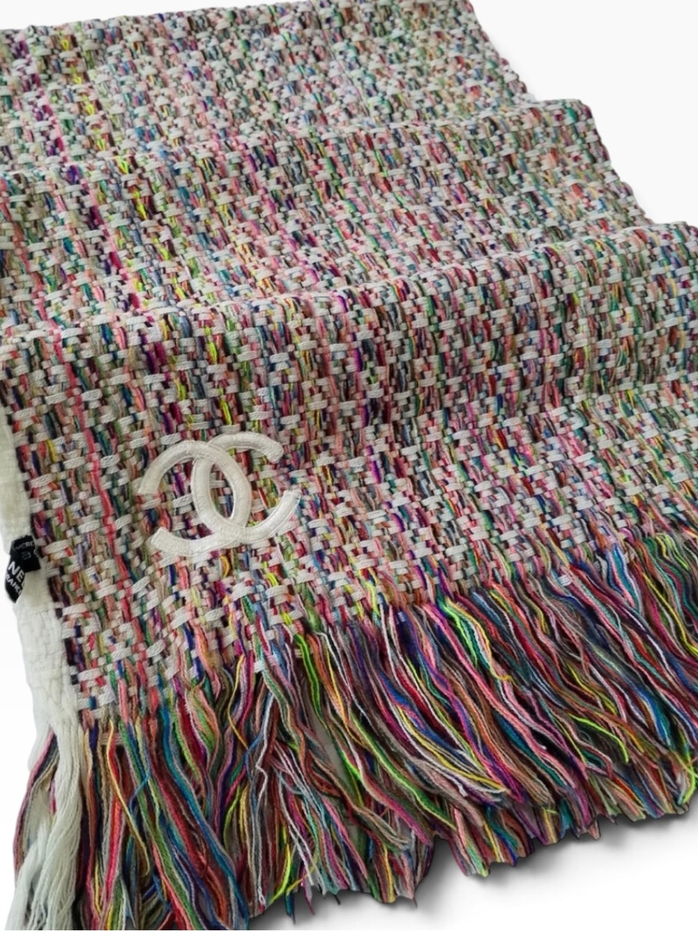CHANEL CC Logo Iconic Black Multicolor Cashmere Fringe Long Scarf Shawl Wrap 70"